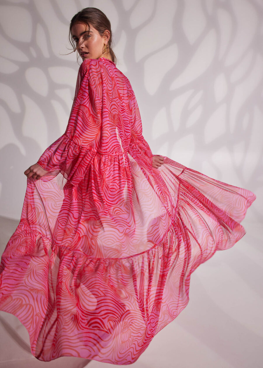 Nostalgia silk caftan with pink waves-knls