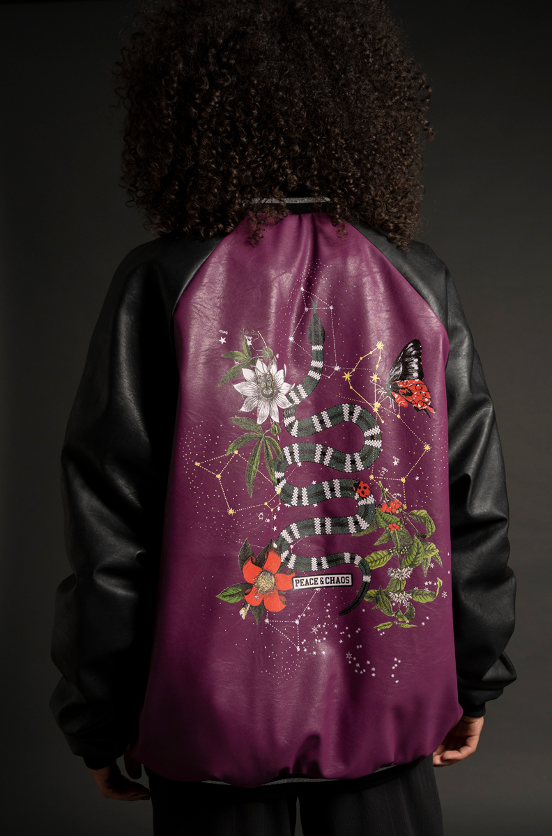 Peace & Chaos Serpent bomber black & purple eco leather
