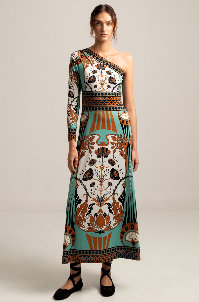 Peace & Chaos Arabesque one shoulder maxi dress